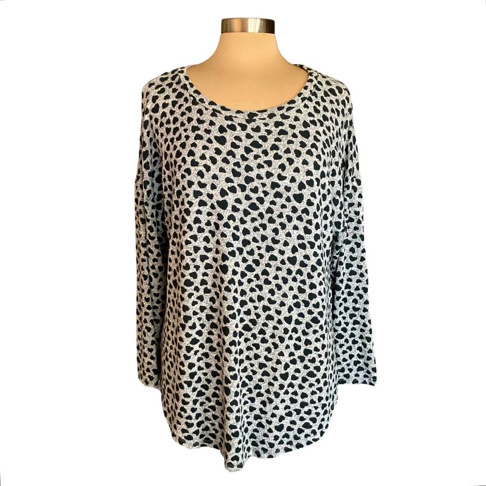 For the Republic Gray Black Hearts Knit Top Sz 2X Casual Lounge Soft Cozy Warm